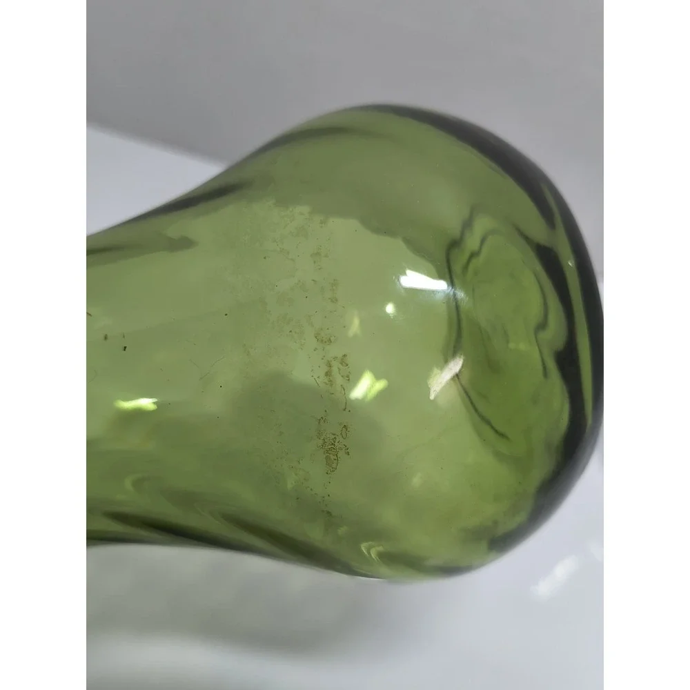 Blown Glass Flower Vase Set Green Ruffled Fluted Rim Optic Swirl & Clear Slender
